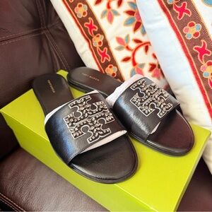 Tory Burch Black Jeweled Logo Slide Sandals